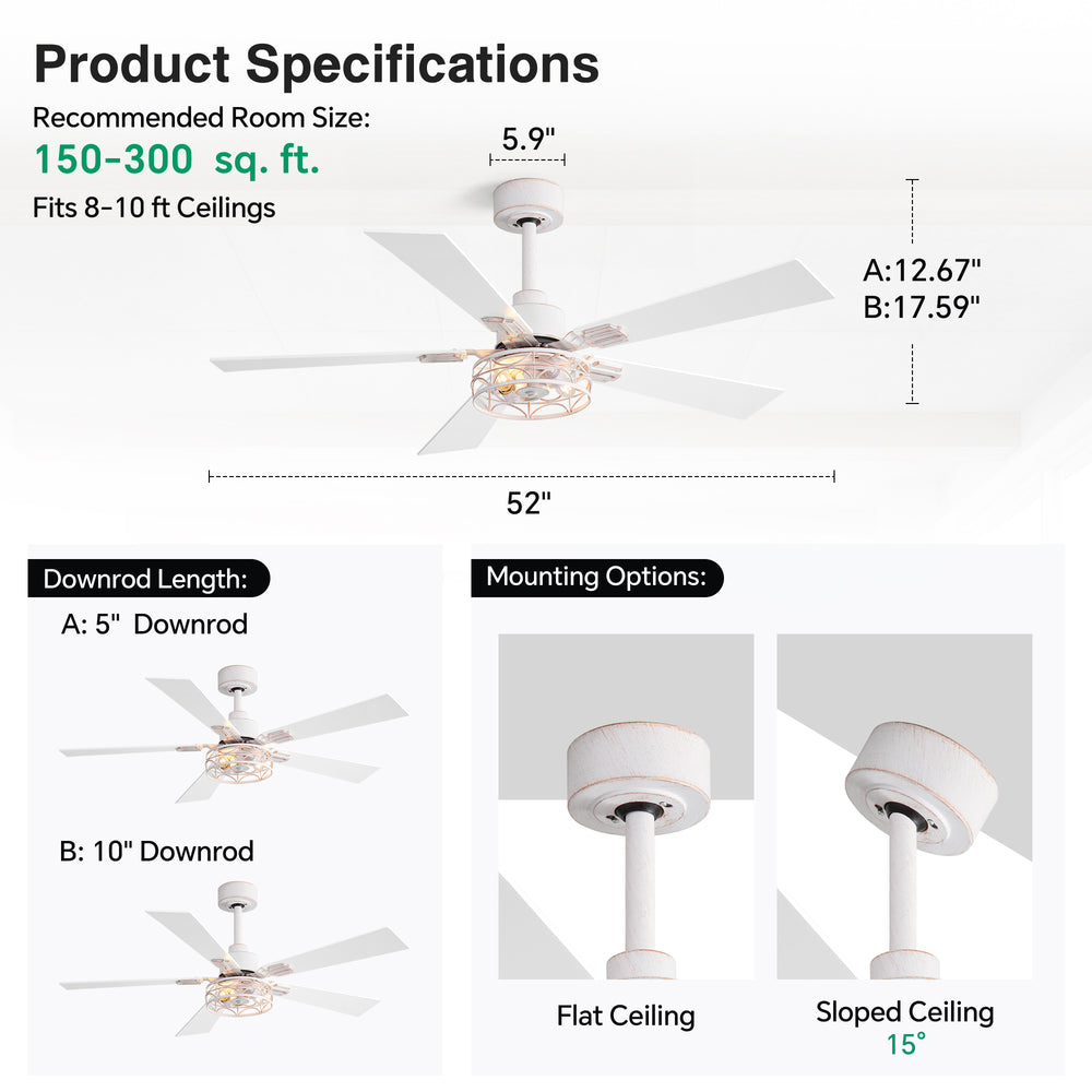 42/52-inch Ceiling Fan with Distressed White or Matte Black Finish, 5 Reversible Blades, Quiet DC Motor, Remote Control