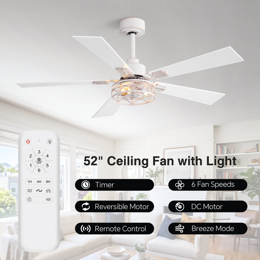 42/52-inch Ceiling Fan with Distressed White or Matte Black Finish, 5 Reversible Blades, Quiet DC Motor, Remote Control