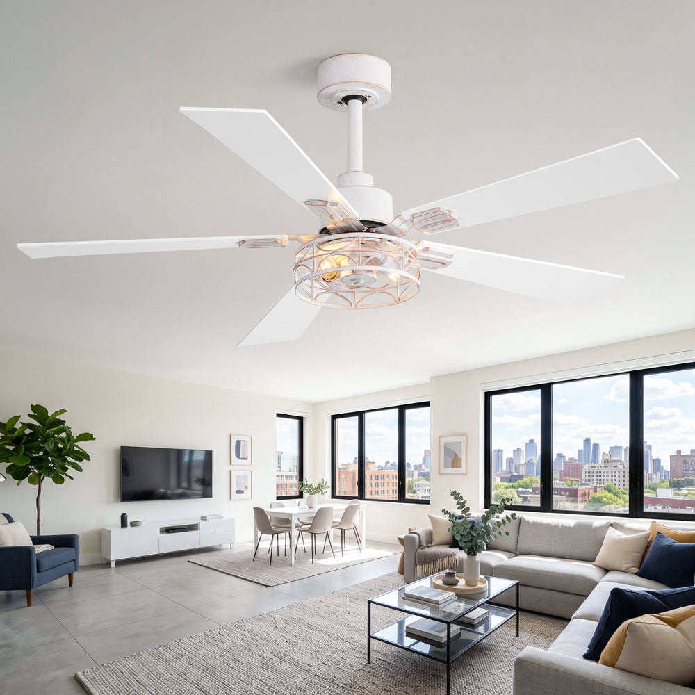42/52-inch Ceiling Fan with Distressed White or Matte Black Finish, 5 Reversible Blades, Quiet DC Motor, Remote Control