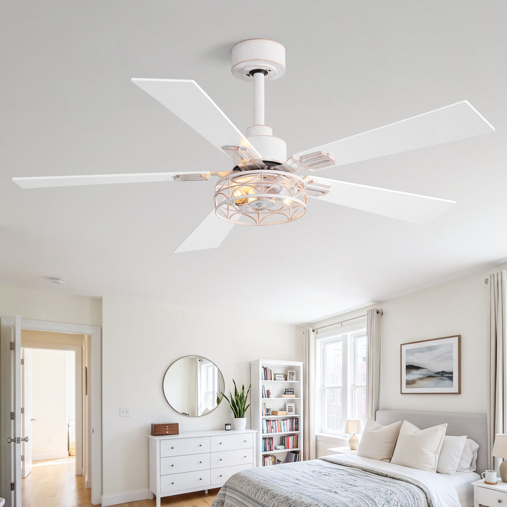 42/52-inch Ceiling Fan with Distressed White or Matte Black Finish, 5 Reversible Blades, Quiet DC Motor, Remote Control