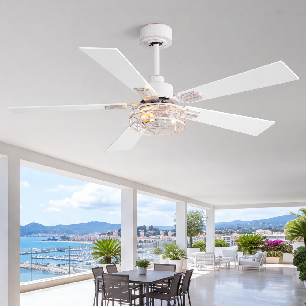42/52-inch Ceiling Fan with Distressed White or Matte Black Finish, 5 Reversible Blades, Quiet DC Motor, Remote Control