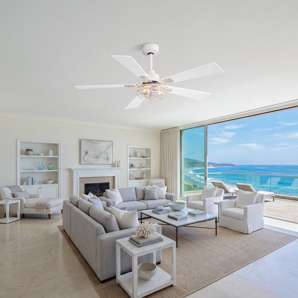 42/52-inch Ceiling Fan with Distressed White or Matte Black Finish, 5 Reversible Blades, Quiet DC Motor, Remote Control