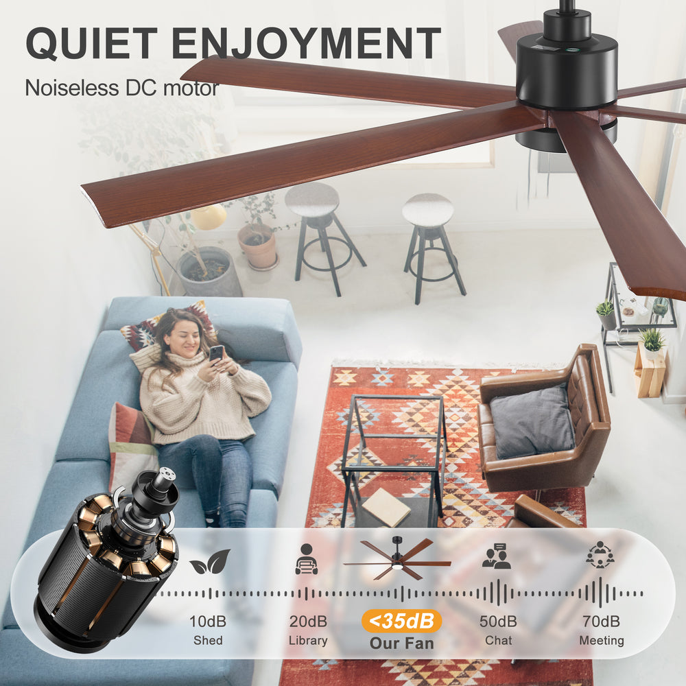 52/60 Inch Modern Solid Wood Ceiling Fan with Light, Paulownia Blades, Quiet DC Motor, Dimmable 3CCT LED, Remote Control, Reversible, 6 Speeds, Living Room