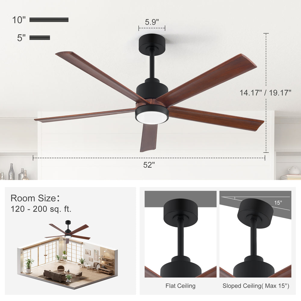 52 Inch Modern Ceiling Fan with Light, Solid Wood Blades, Quiet Reversible DC Motor, Remote Control, 6-Speed, Dimmable LED, 3 Color Temperatures, Memory Function