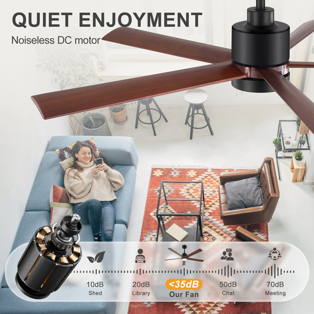 52/60 Inch Modern Solid Wood Ceiling Fan with Light, Paulownia Blades, Quiet DC Motor, Dimmable 3CCT LED, Remote Control, Reversible, 6 Speeds, Living Room