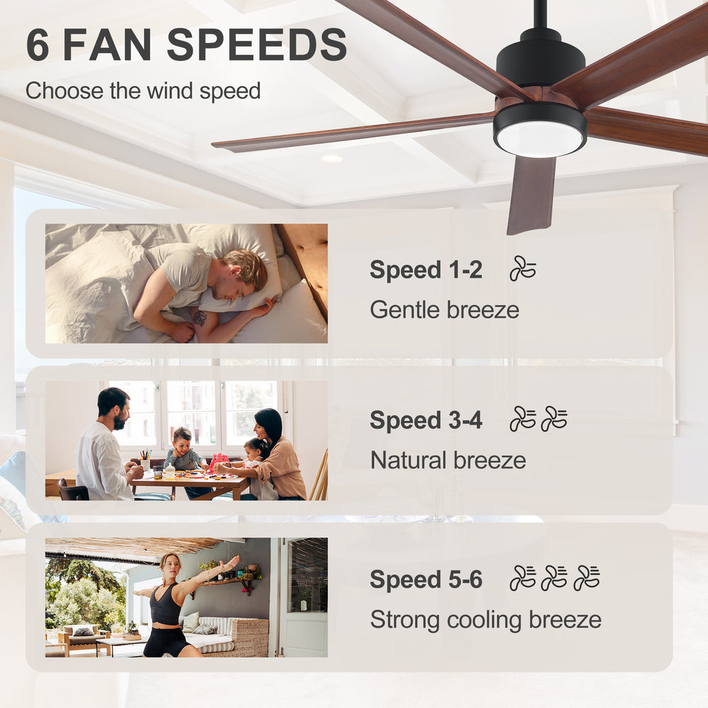 52/60 Inch Modern Solid Wood Ceiling Fan with Light, Paulownia Blades, Quiet DC Motor, Dimmable 3CCT LED, Remote Control, Reversible, 6 Speeds, Living Room