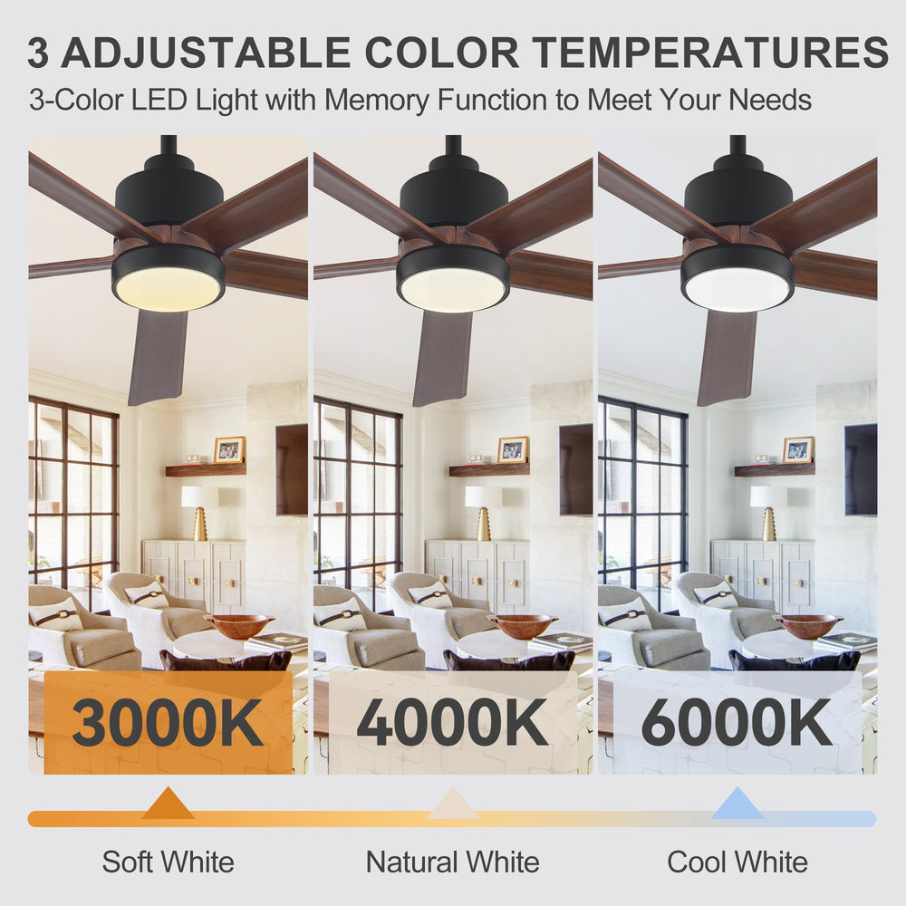 52/60 Inch Modern Solid Wood Ceiling Fan with Light, Paulownia Blades, Quiet DC Motor, Dimmable 3CCT LED, Remote Control, Reversible, 6 Speeds, Living Room