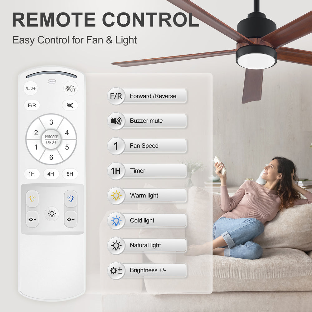 52/60 Inch Modern Solid Wood Ceiling Fan with Light, Paulownia Blades, Quiet DC Motor, Dimmable 3CCT LED, Remote Control, Reversible, 6 Speeds, Living Room