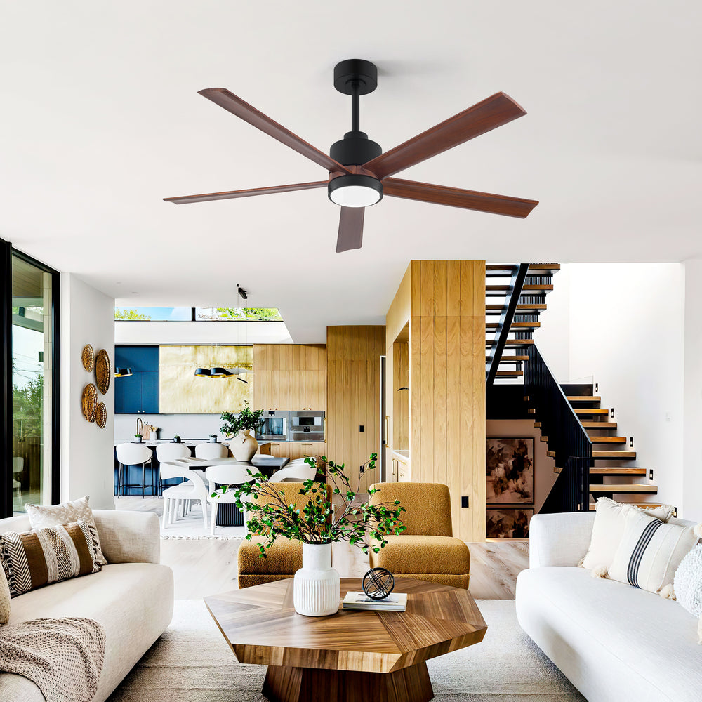52/60 Inch Modern Solid Wood Ceiling Fan with Light, Paulownia Blades, Quiet DC Motor, Dimmable 3CCT LED, Remote Control, Reversible, 6 Speeds, Living Room