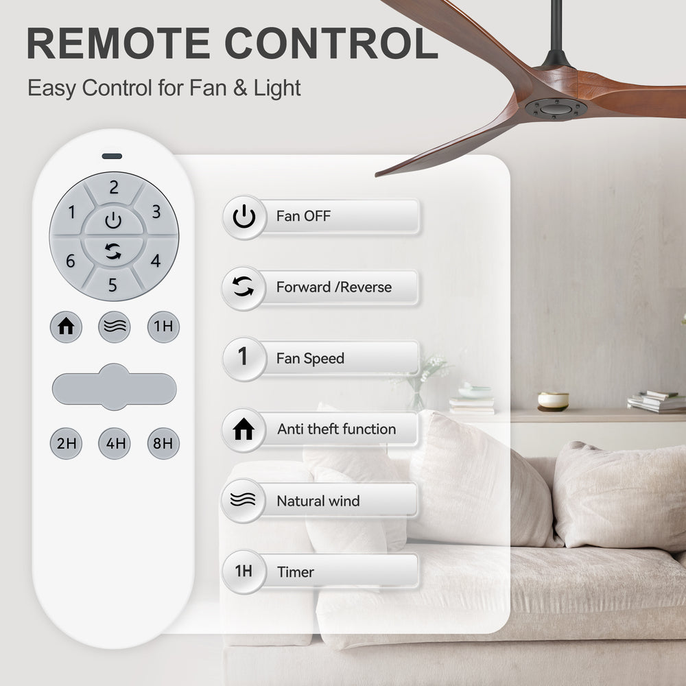 72 Inch Large Ceiling Fan without Light with 3 Solid Wood Blades & Remote