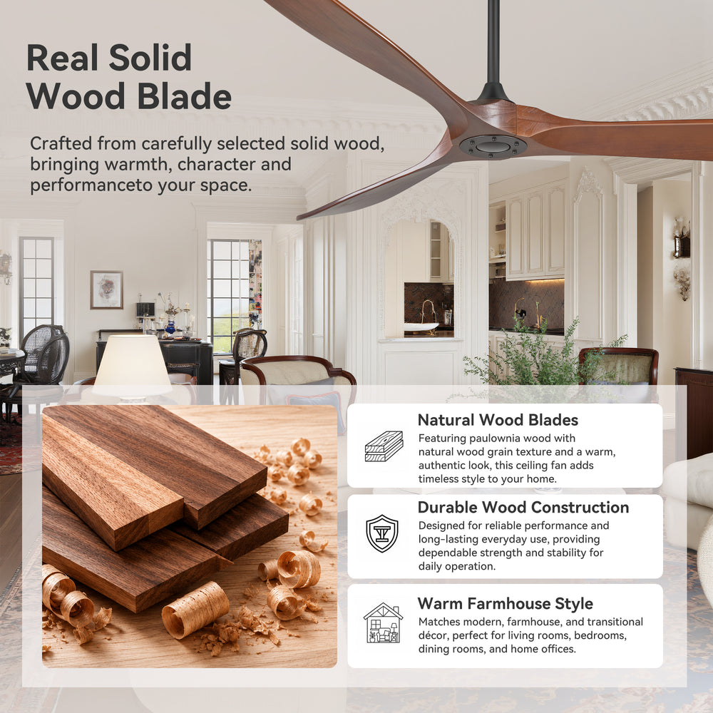 72 Inch Large Ceiling Fan without Light with 3 Solid Wood Blades & Remote