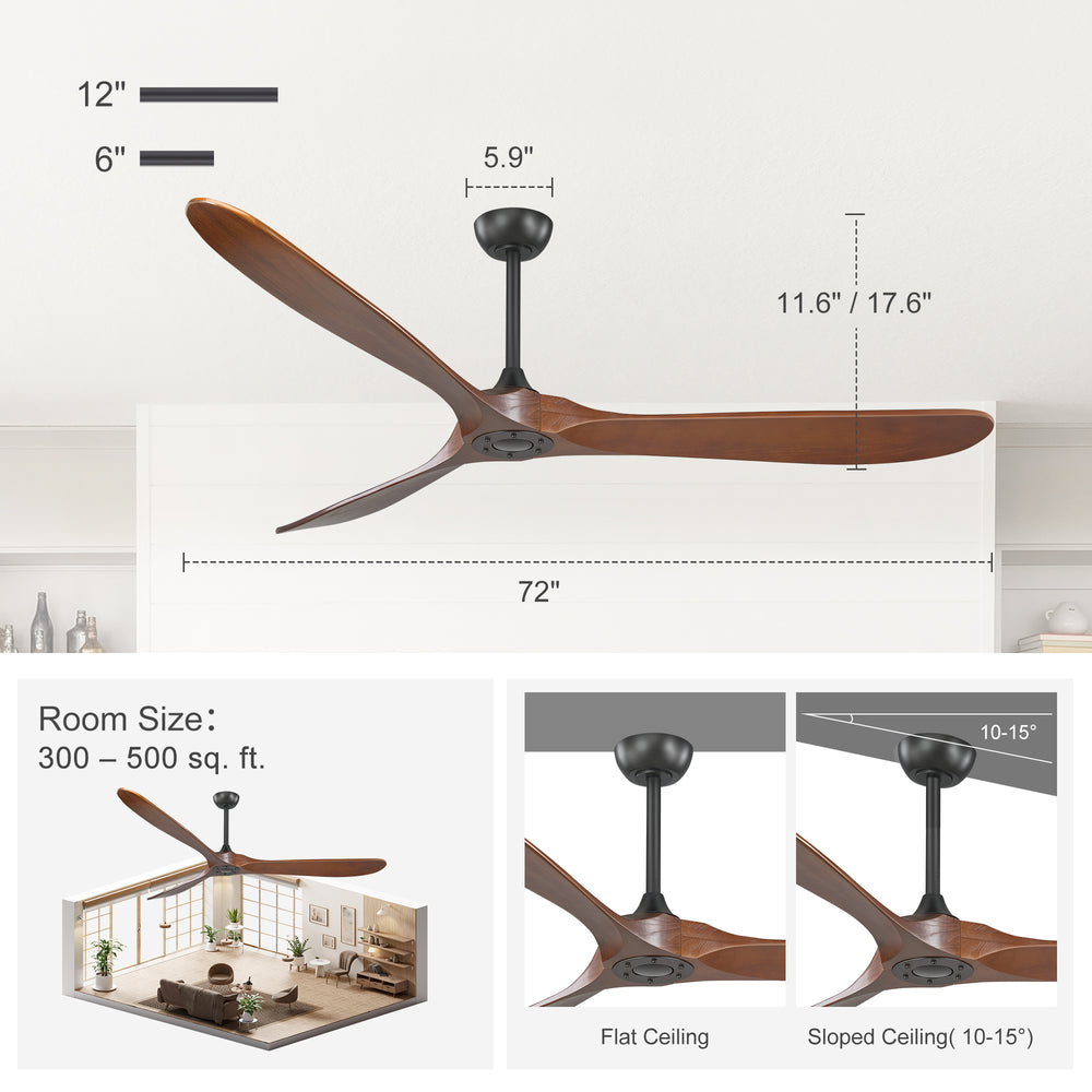 72 Inch Large Ceiling Fan without Light with 3 Solid Wood Blades & Remote