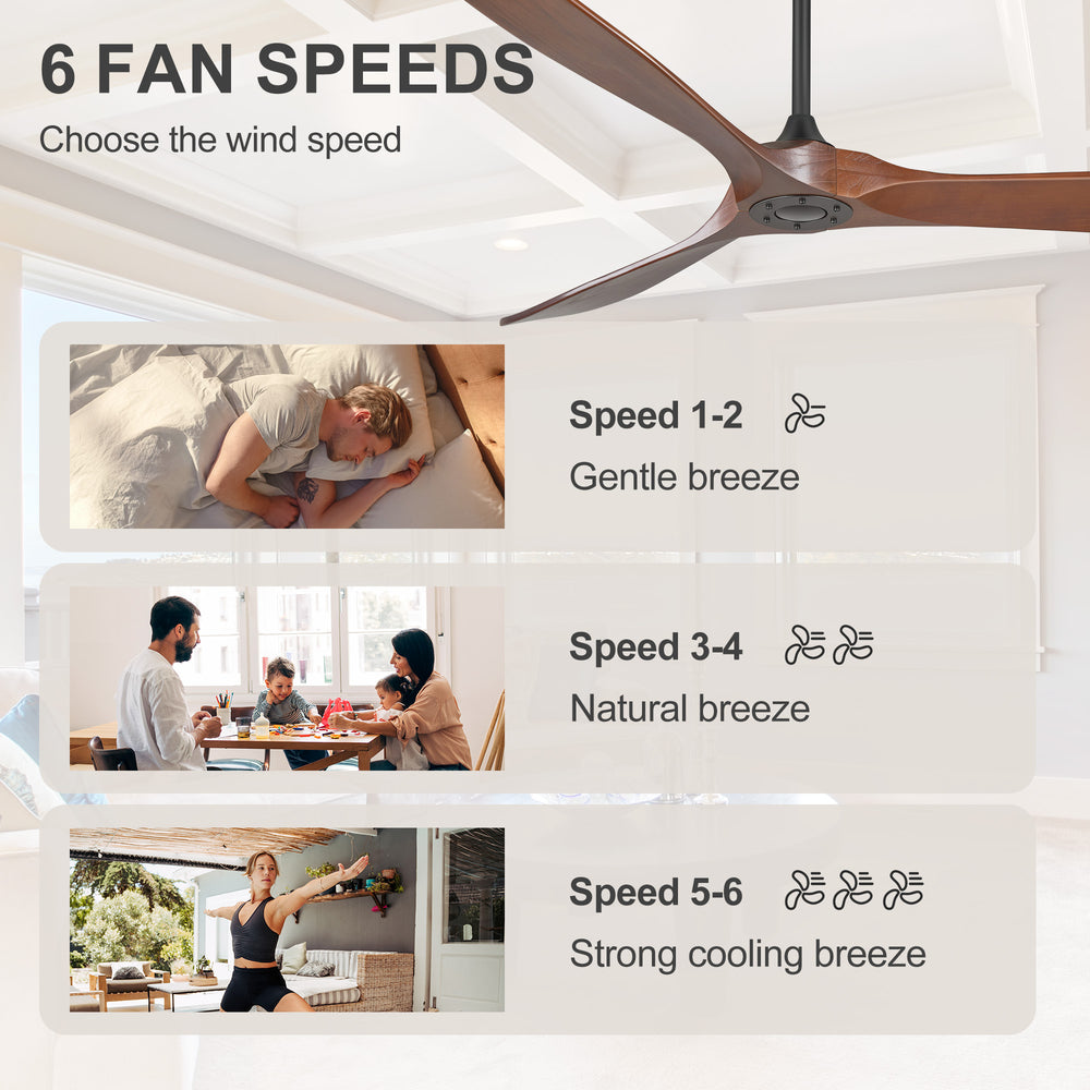 72 Inch Large Ceiling Fan without Light with 3 Solid Wood Blades & Remote
