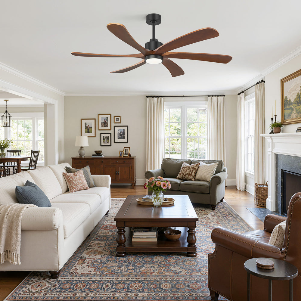60 Inch Ceiling Fan with Light, 6 Solid Wood Blades & Remote