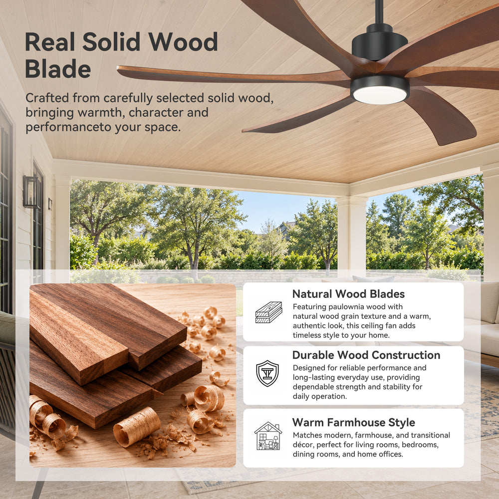 60 Inch Ceiling Fan with Light, 6 Solid Wood Blades & Remote
