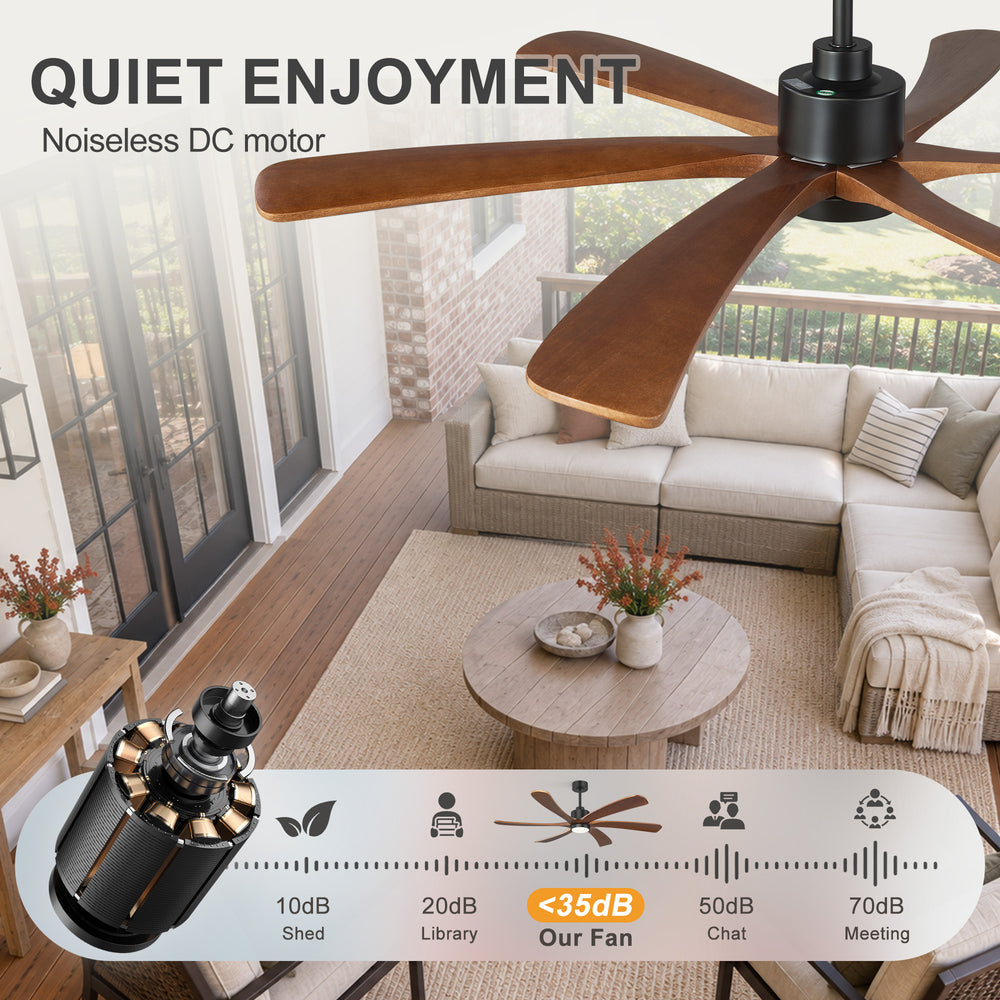 60 Inch Ceiling Fan with Light, 6 Solid Wood Blades & Remote