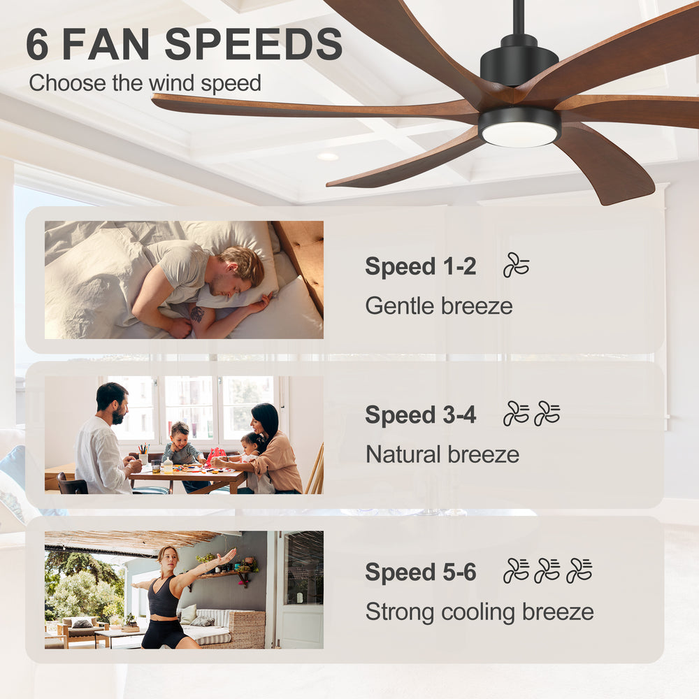 60 Inch Ceiling Fan with Light, 6 Solid Wood Blades & Remote