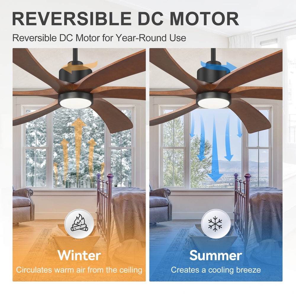 60 Inch Ceiling Fan with Light, 6 Solid Wood Blades & Remote