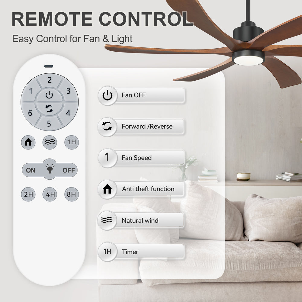 60 Inch Ceiling Fan with Light, 6 Solid Wood Blades & Remote