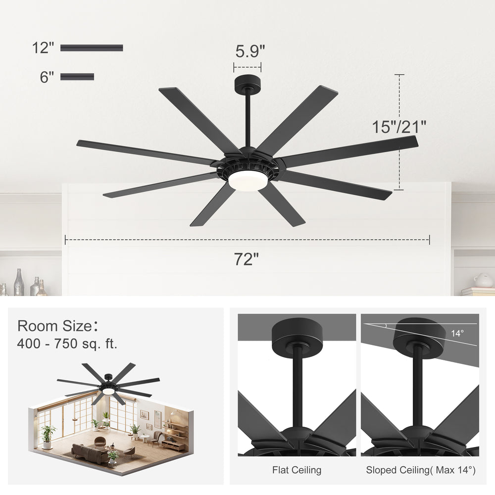 72-Inch 8-Blade Black Ceiling Fan with Light & Remote