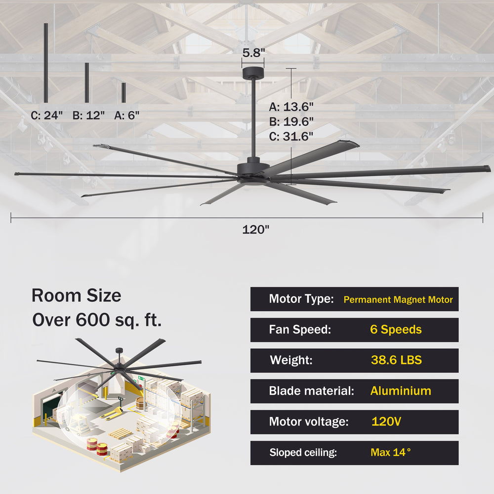 Breezary 120 Inch HVLS Industrial Ceiling Fan with PMSM Motor, 8-Blade Large Ceiling Fan for Warehouse, Gym and Factory - Aluminum No Light