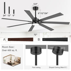 72" Modern LED Ceiling Fan with Remote, 7 Reversible Black/Dark Walnut Blades, Quiet DC Motor, 3-Color Light（3000K/4000K/600K）, 6-Speed Reversible Airflow, Includes 6"/12"/24" Downrods for Large Rooms