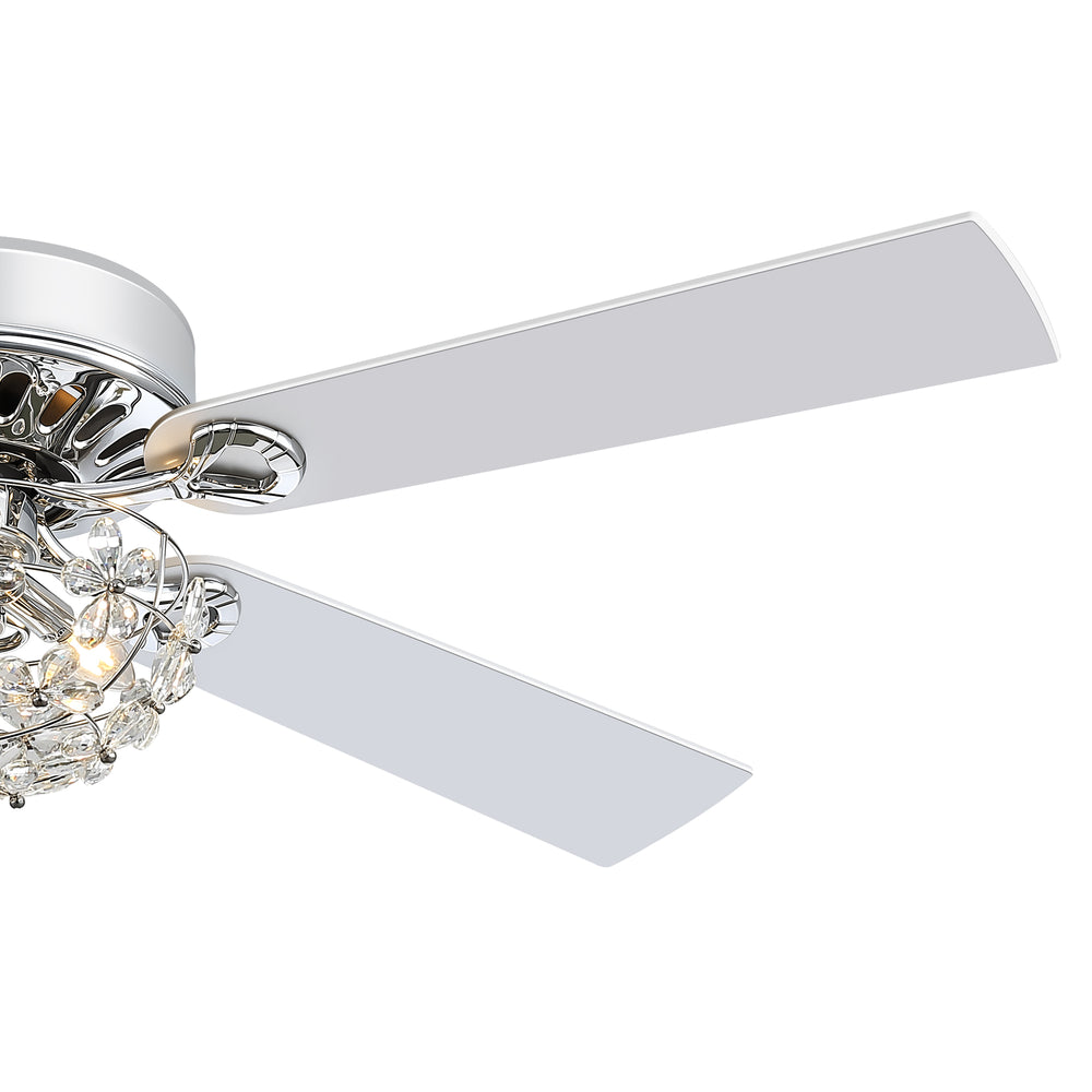 52-Inch Chrome Ceiling Fan with Light, Reversible DC Motor, 6 Speeds Remote Control, 5 Blades, E12 Bulb Base, Downrod Mount