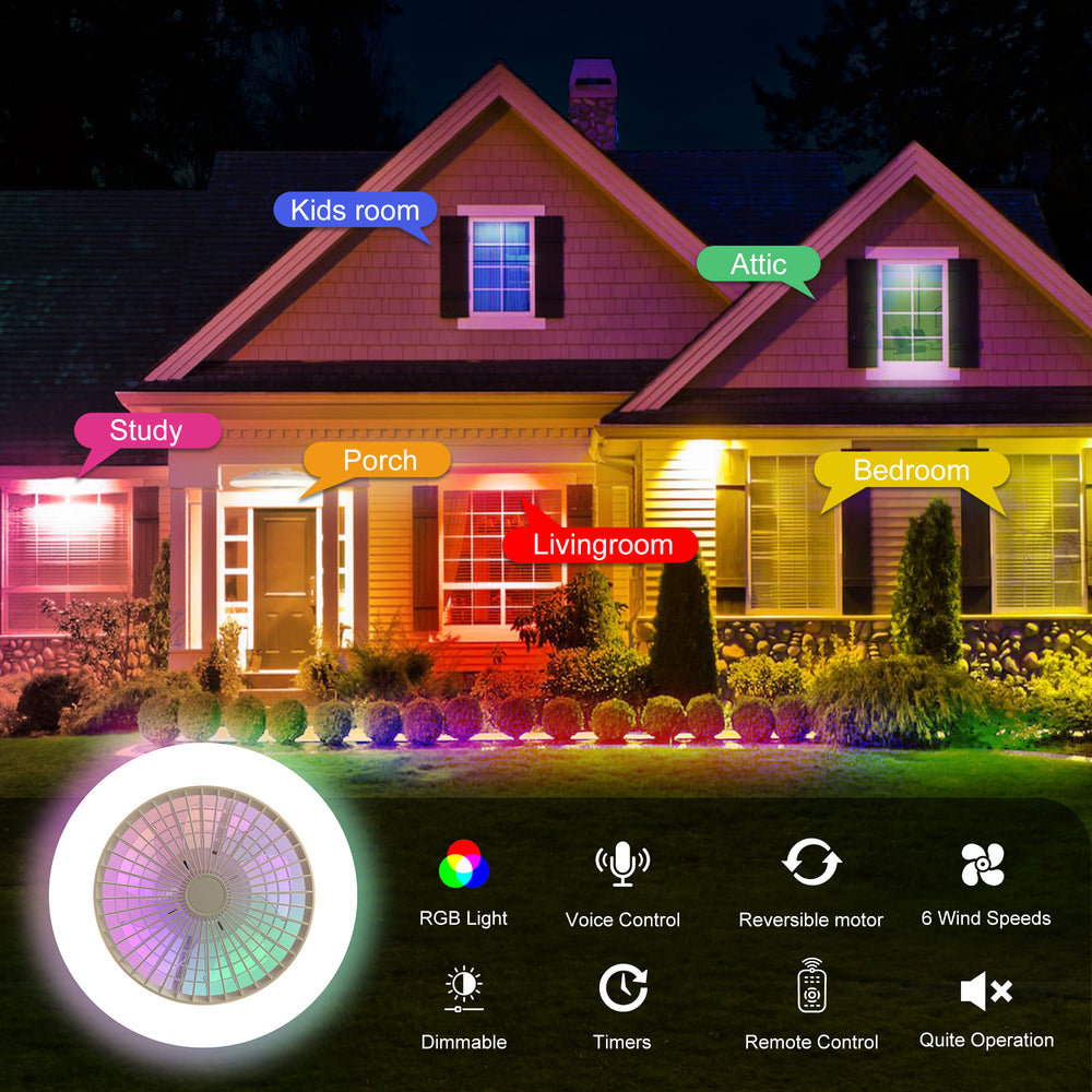19 Inch Enclosed Low Profile RGB Ceiling Fan Works with Alexa/Google/APP