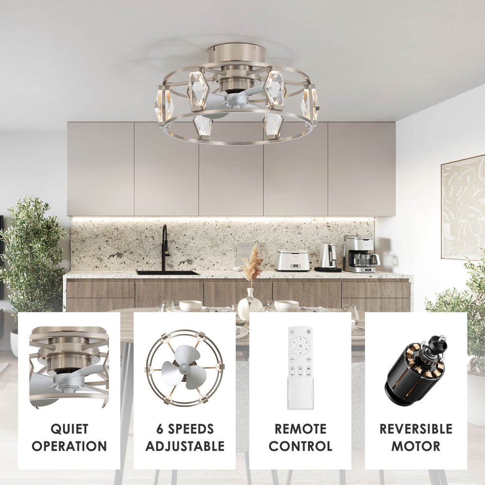 20.8-inch Flush Mount Crystal Ceiling Fan with Dimmable LED Light and Remote(3-Blade)