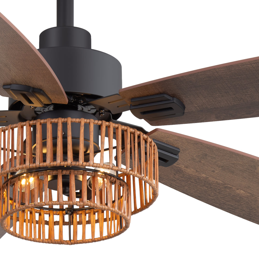 52-inch Farmhouse Ceiling Fan with Light, 5 Dual-Finish Reversible Plywood Blades, Quiet Energy-Saving DC Motor, E12 Bulb Base, 6-Speed Remote Control with Timer, Forward/Reverse Rotation, and 6" Downrod Included