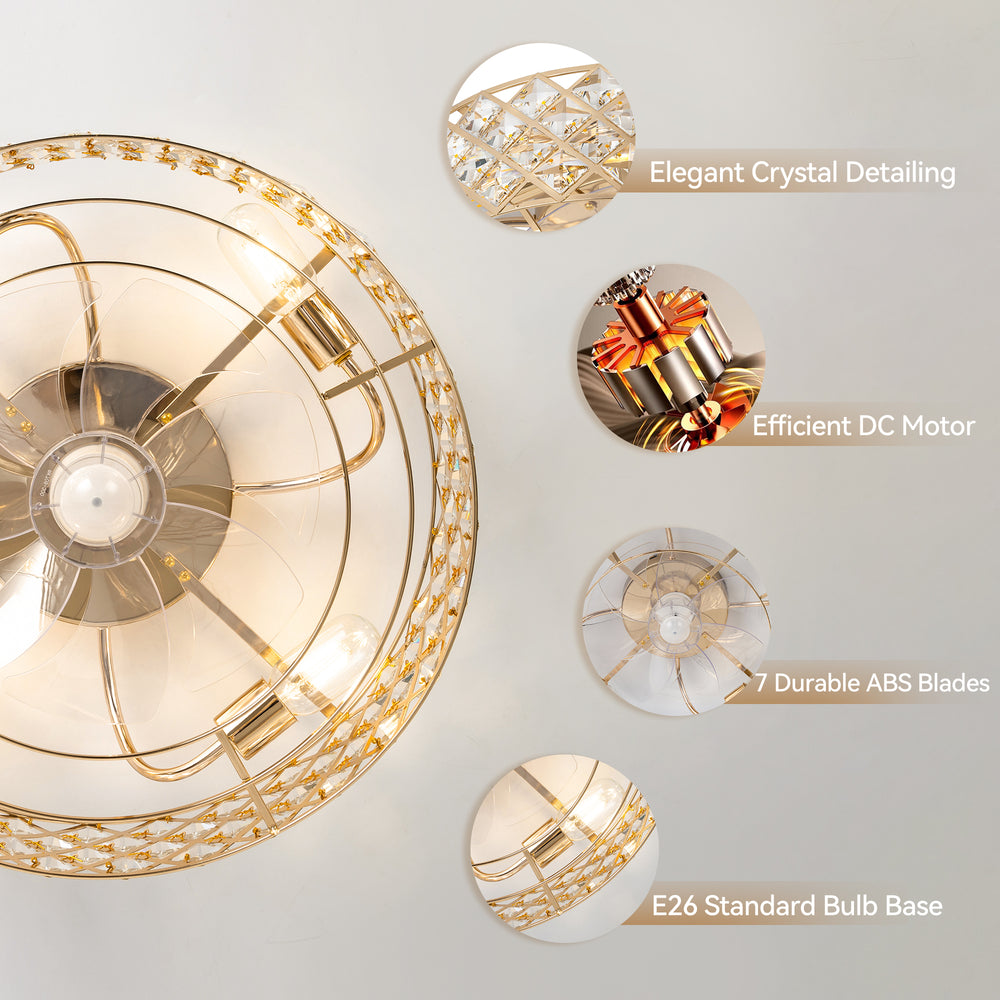 19-inch Small Caged Ceiling Fans with Lights and Remote, Low Profile Flush Mount Ceiling Fan, Modern Bladeless Enclosed Ceiling Fan with Light for Bedroom, 7 Reversible Transparent Blades