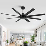 AeroSpan 65-inch black 8-blade ceiling fan in a bright open-concept living room and kitchen