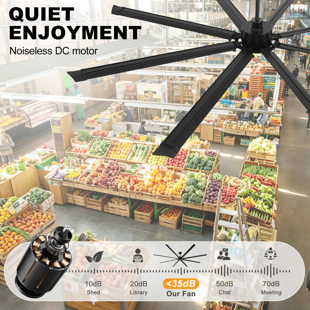 120 Inch Large Industrial Ceiling Fan with 8 Aluminum Blades No Light, Quiet Reversible DC Motor, 6 Speeds, Remote Control, Black, Warehouse Garage Commercial Ceiling Fan