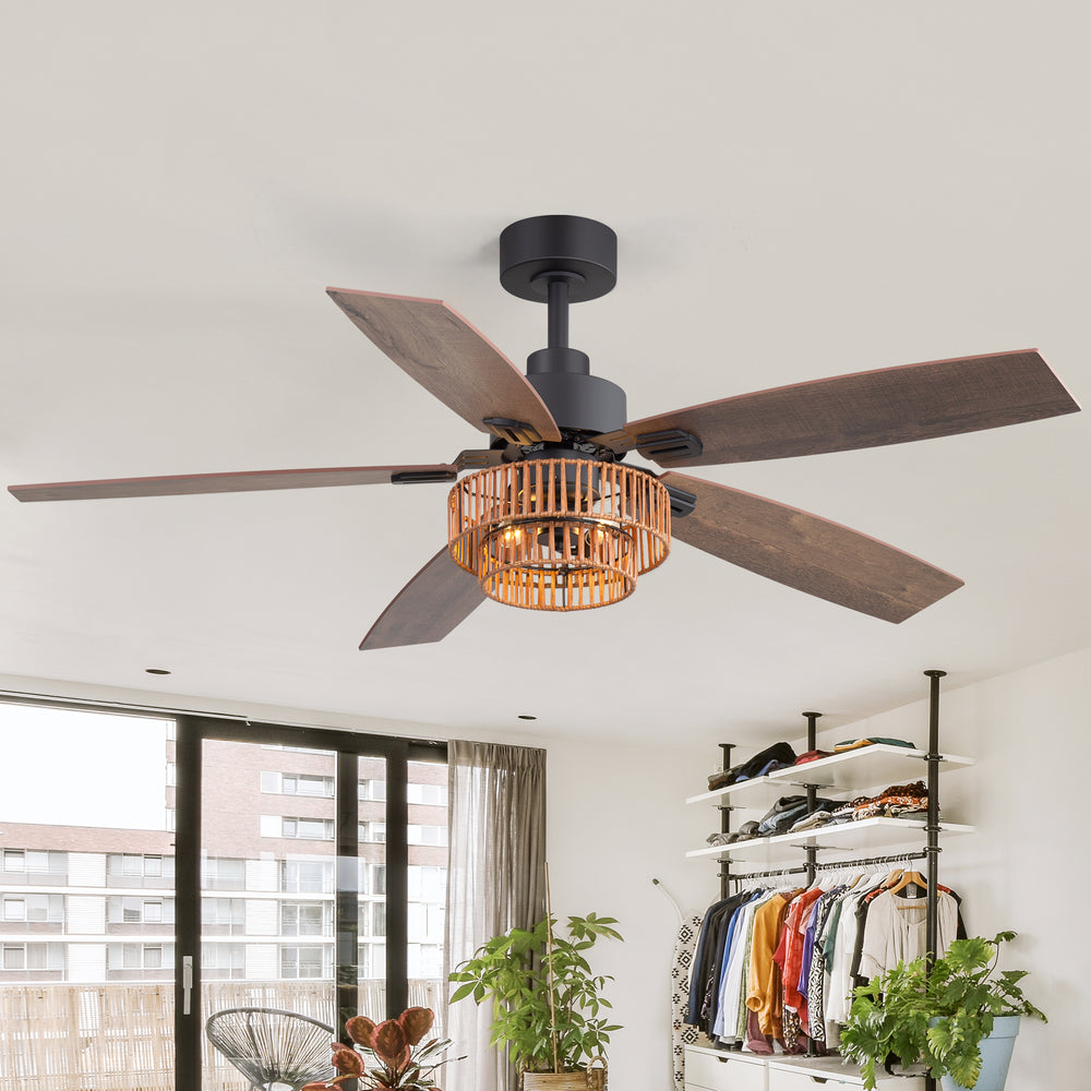 52-inch Farmhouse Ceiling Fan with Light, 5 Dual-Finish Reversible Plywood Blades, Quiet Energy-Saving DC Motor, E12 Bulb Base, 6-Speed Remote Control with Timer, Forward/Reverse Rotation, and 6" Downrod Included