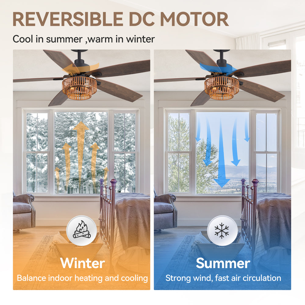 52-inch Farmhouse Ceiling Fan with Light, 5 Dual-Finish Reversible Plywood Blades, Quiet Energy-Saving DC Motor, E12 Bulb Base, 6-Speed Remote Control with Timer, Forward/Reverse Rotation, and 6" Downrod Included