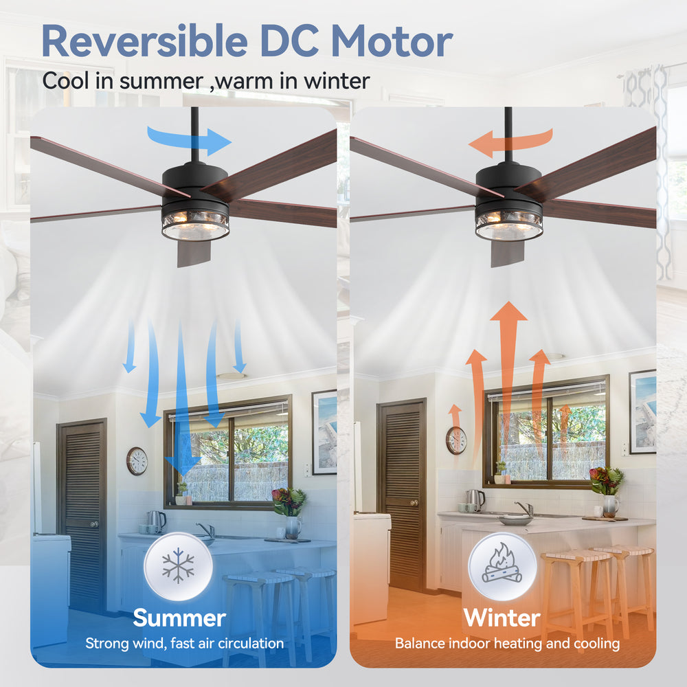 Farmhouse 65-inch Ceiling Fan with Light and Remote, Matte Black Finish, 5 Reversible Blades(Dark Wood Grain & Light Wood Grain), 6-Speed Quiet DC Motor, Dual Downrods (7" & 15"), Glass Lampshade, 2 × E26 Base LED Bulbs Required