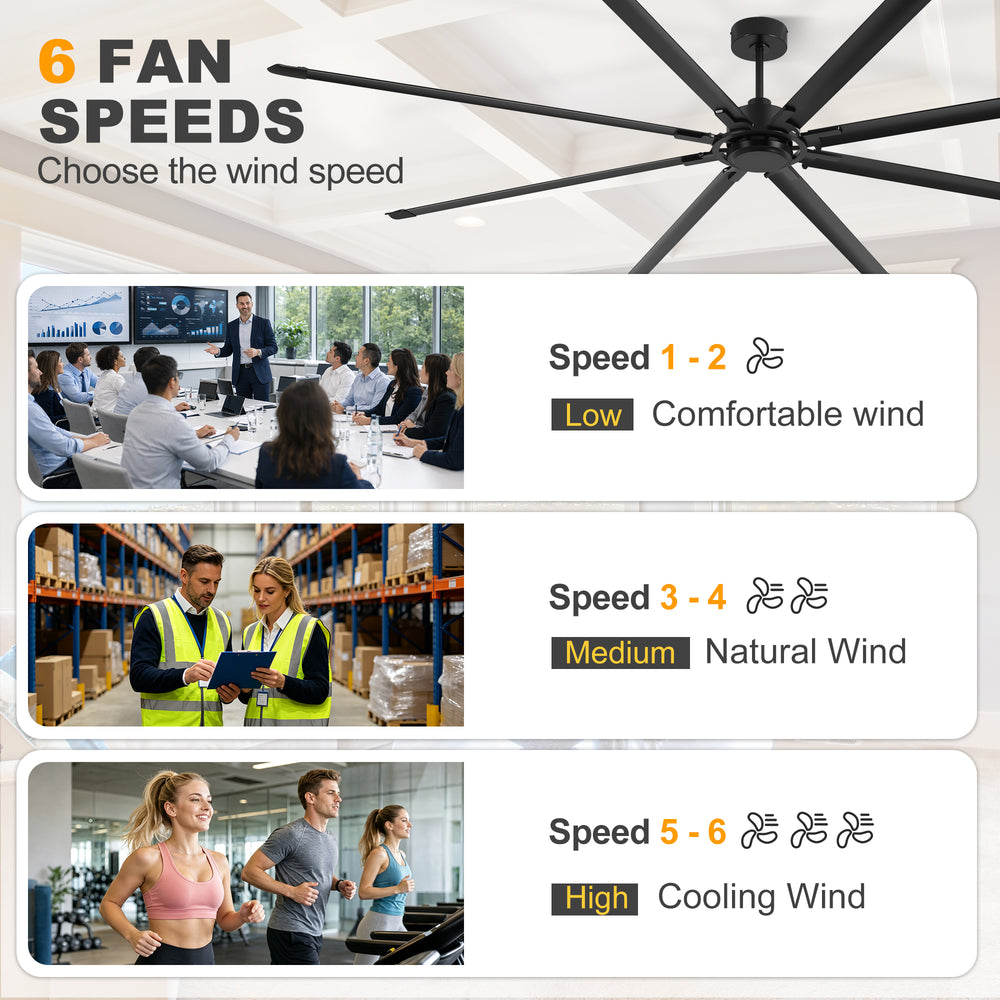 120 Inch Large Industrial Ceiling Fan with 8 Aluminum Blades No Light, Quiet Reversible DC Motor, 6 Speeds, Remote Control, Black, Warehouse Garage Commercial Ceiling Fan