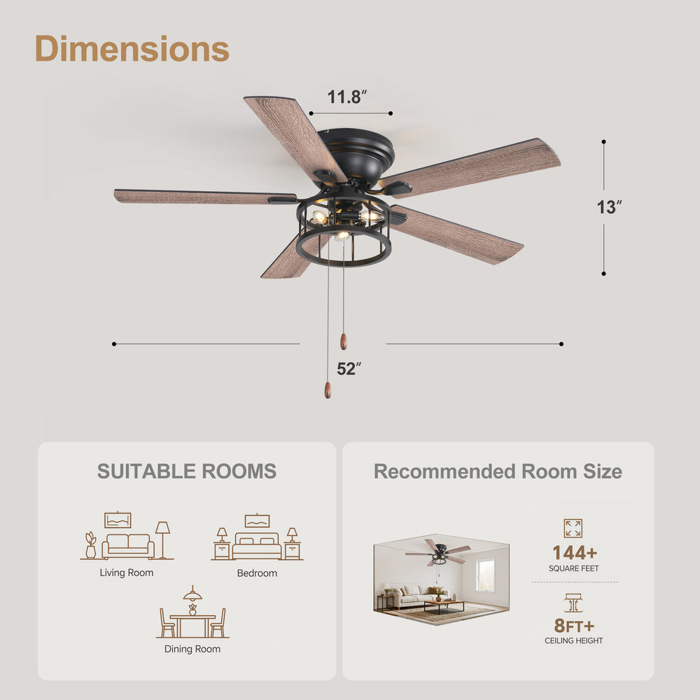 52-inch Indoor Black Ceiling Fan with Light Kit and Pull Chain Included