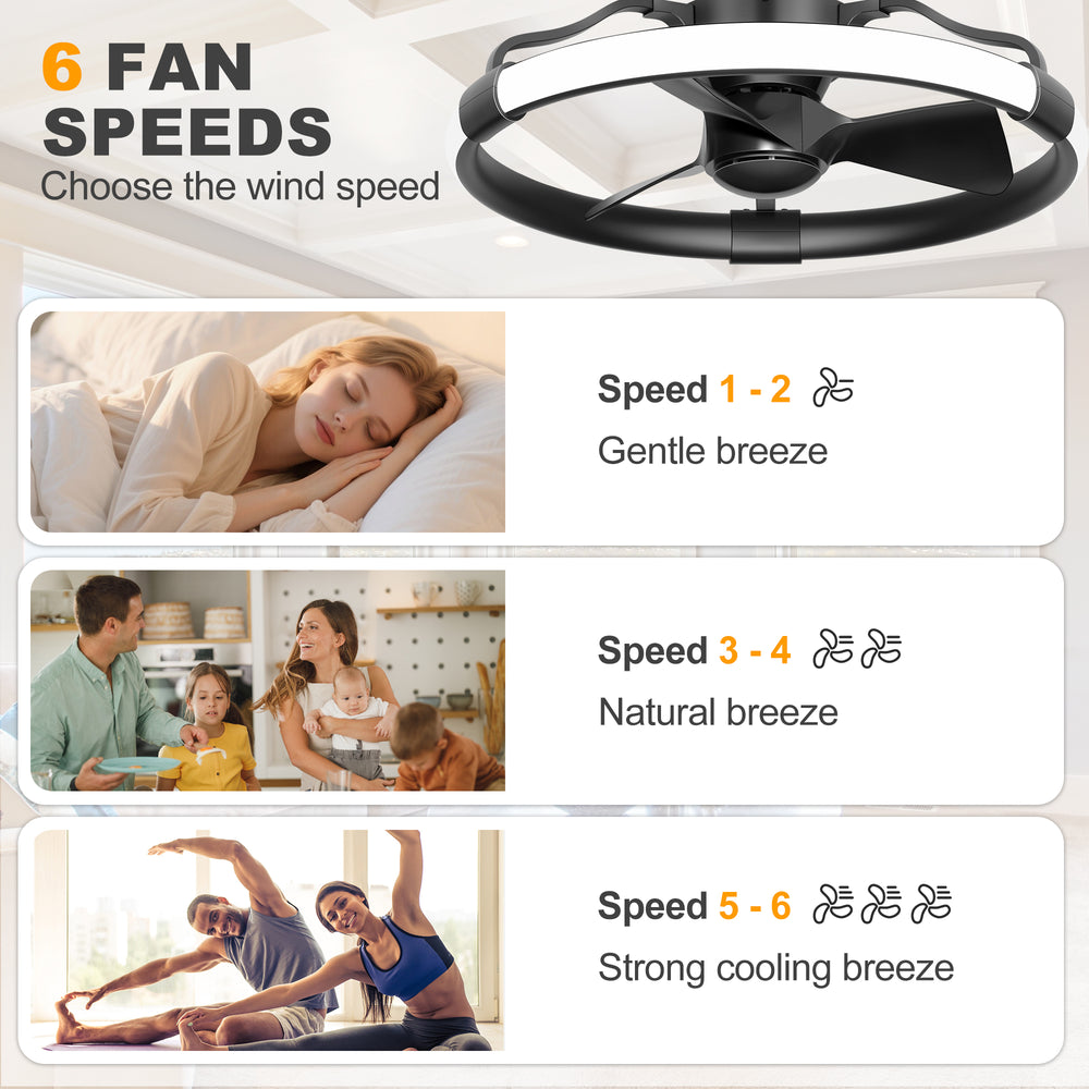 24 Inch Flush Mount RGB Ceiling Fan with Light, Dimmable 3CCT LED Light, 6-Speed Reversible DC Motor, Remote Control, Low Profile Enclosed Fan