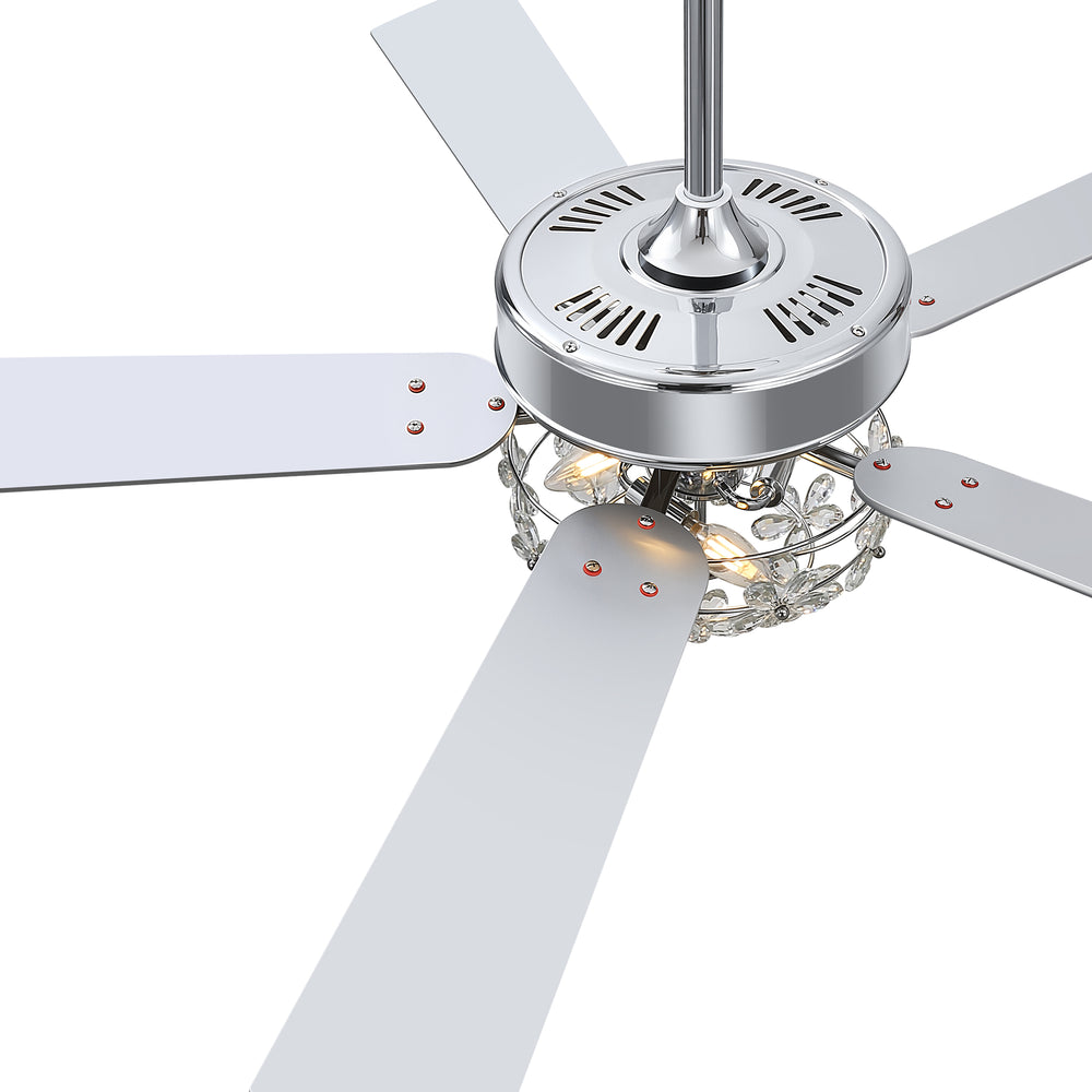 52-Inch Chrome Ceiling Fan with Light, Reversible DC Motor, 6 Speeds Remote Control, 5 Blades, E12 Bulb Base, Downrod Mount