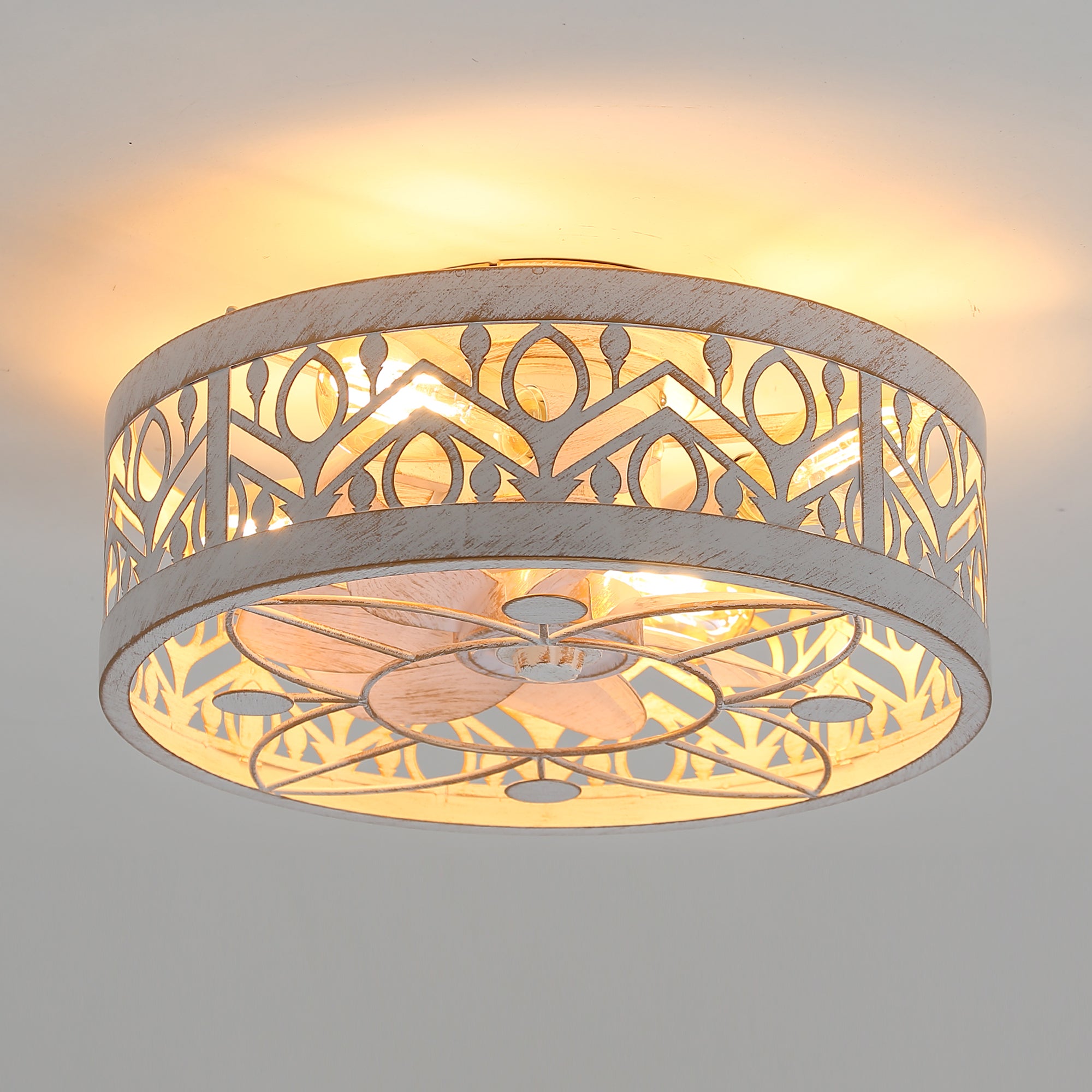 Cahill small caged ceiling fan illuminated with E26 bulbs