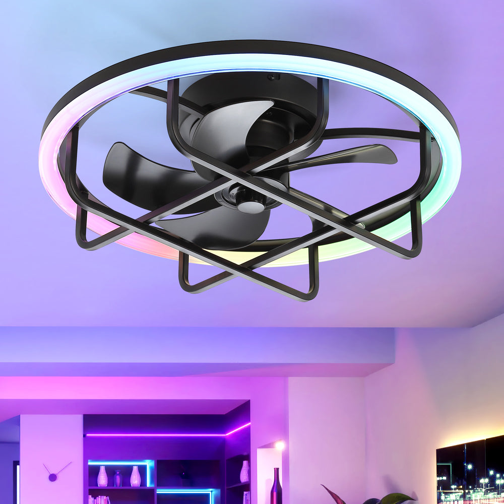 20-Inch Ceiling Fan with Light, Low Profile Flush Mount or Downrod, DC Motor, 6 Speeds, RGB & 3CCT Dimmable LED, Remote Control, Matte Black