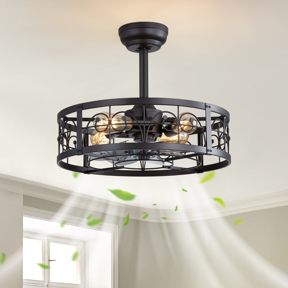 20-inch Matte Black Metal Caged Ceiling Fan with Light and Remote,7 ABS Blades,4in and 8in Downrod Included