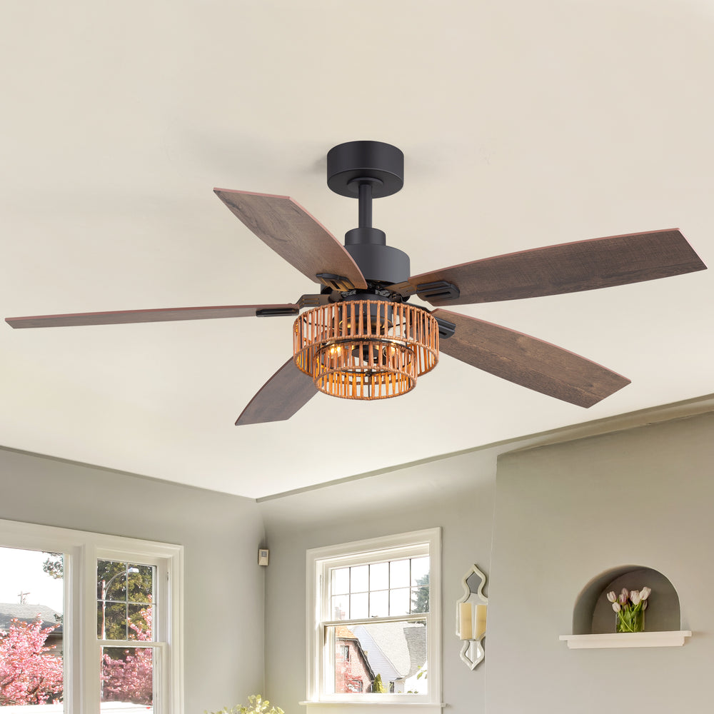 52-inch Farmhouse Ceiling Fan with Light, 5 Dual-Finish Reversible Plywood Blades, Quiet Energy-Saving DC Motor, E12 Bulb Base, 6-Speed Remote Control with Timer, Forward/Reverse Rotation, and 6" Downrod Included