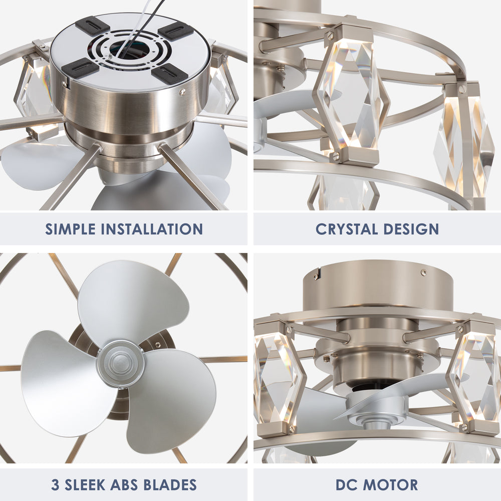 20.8-inch Flush Mount Crystal Ceiling Fan with Dimmable LED Light and Remote(3-Blade)