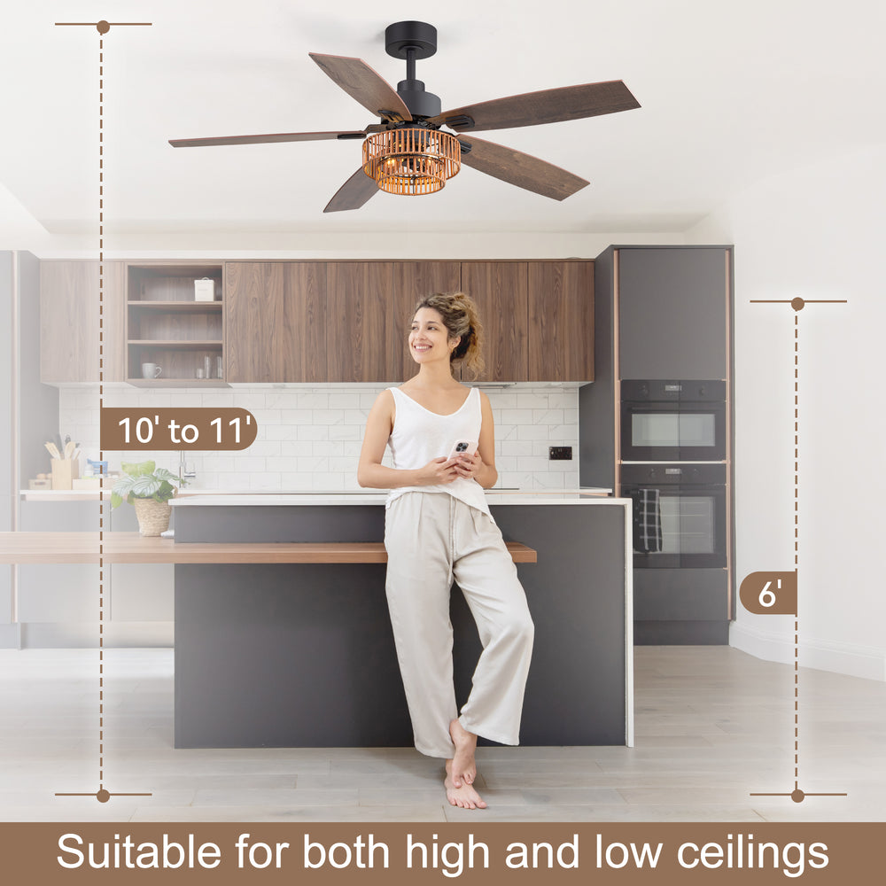 52-inch Farmhouse Ceiling Fan with Light, 5 Dual-Finish Reversible Plywood Blades, Quiet Energy-Saving DC Motor, E12 Bulb Base, 6-Speed Remote Control with Timer, Forward/Reverse Rotation, and 6" Downrod Included