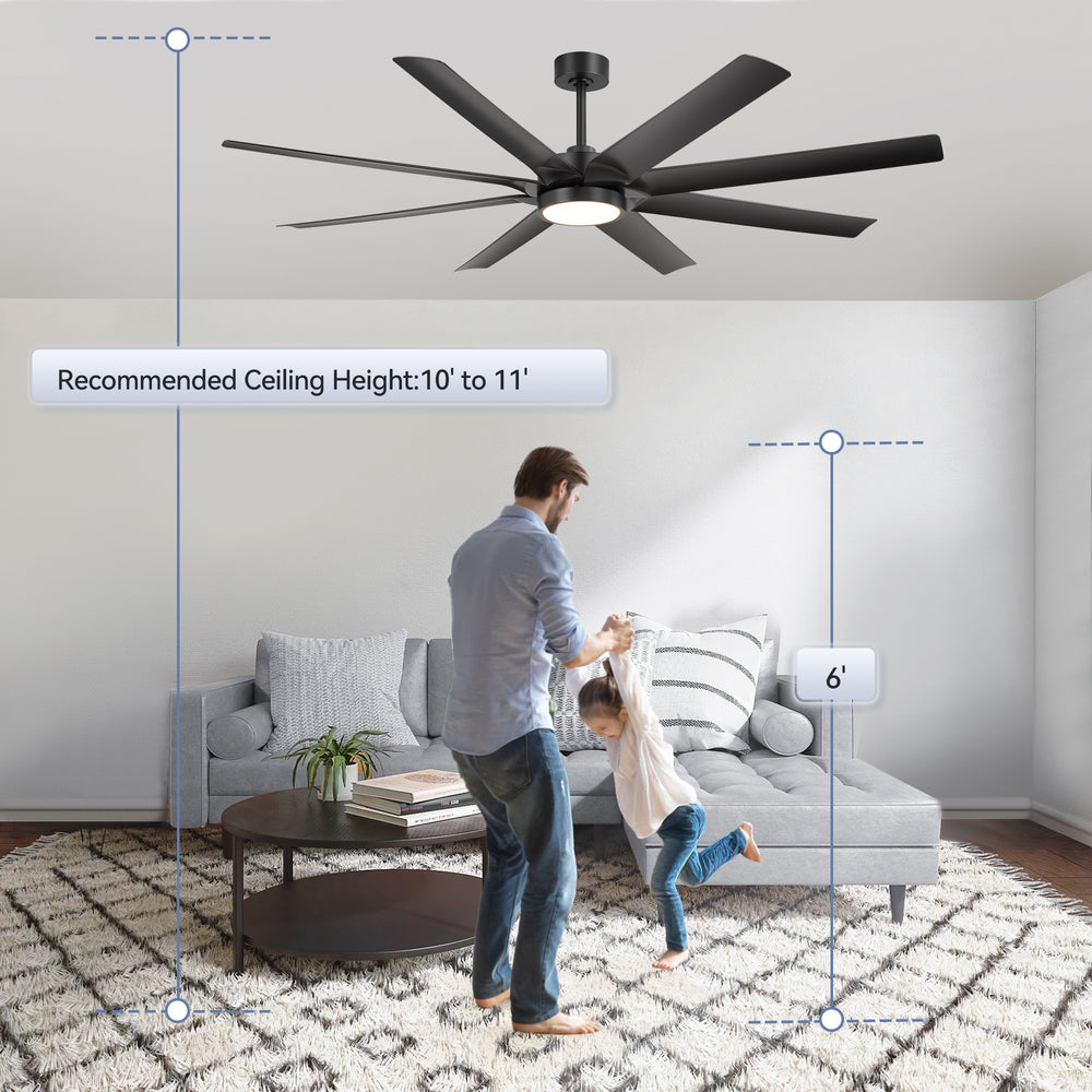 Breezary 72" 8-Blade Silent DC Motor Industrial Ceiling Fan with Integrated LED Light - Black
