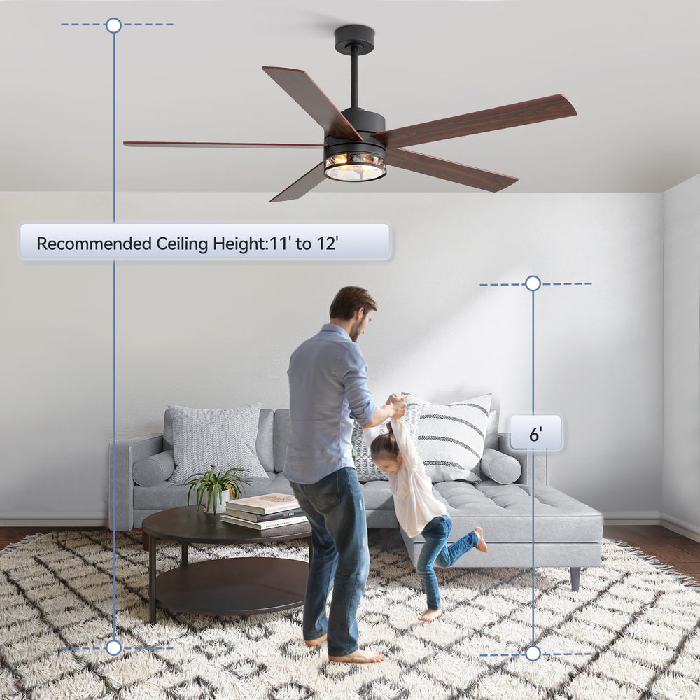 Farmhouse 65-inch Ceiling Fan with Light and Remote, Matte Black Finish, 5 Reversible Blades(Dark Wood Grain & Light Wood Grain), 6-Speed Quiet DC Motor, Dual Downrods (7" & 15"), Glass Lampshade, 2 × E26 Base LED Bulbs Required