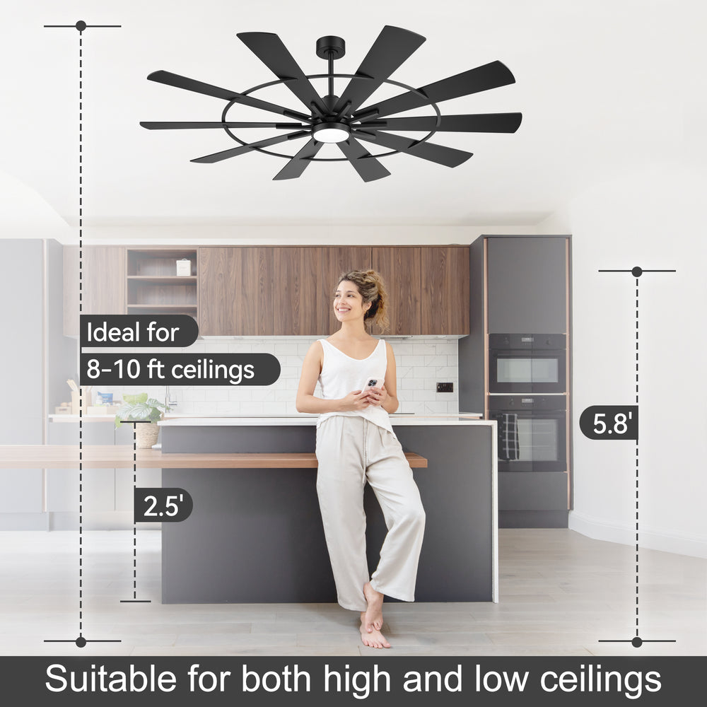 62/72 Inch Modern Black Ceiling Fan with Light, Quiet DC Motor, Remote Control, Reversible 6-Speed Fan, 3 Color Temperatures, Memory Function