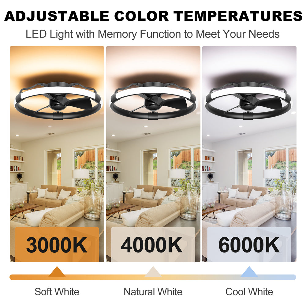 24 Inch Flush Mount RGB Ceiling Fan with Light, Dimmable 3CCT LED Light, 6-Speed Reversible DC Motor, Remote Control, Low Profile Enclosed Fan